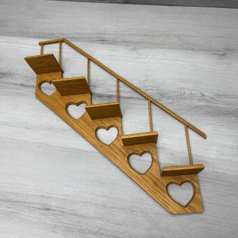 Wood Staircase Wall Shelf Heart Cutout Oak Display 22" Cottagecore